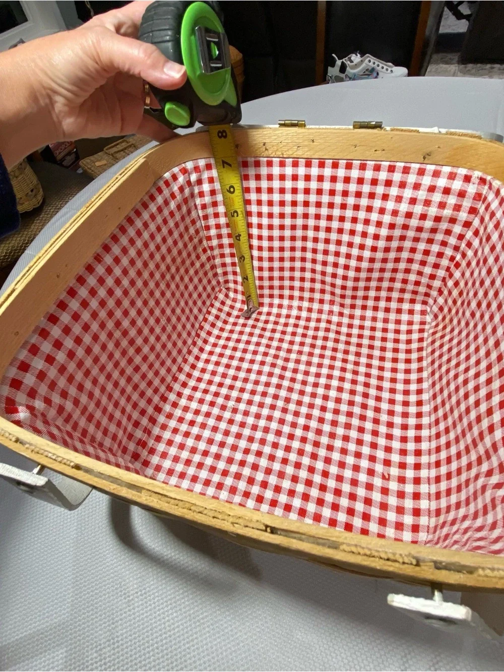 Woven Straw picnic basket w/White Handles red checkered lining